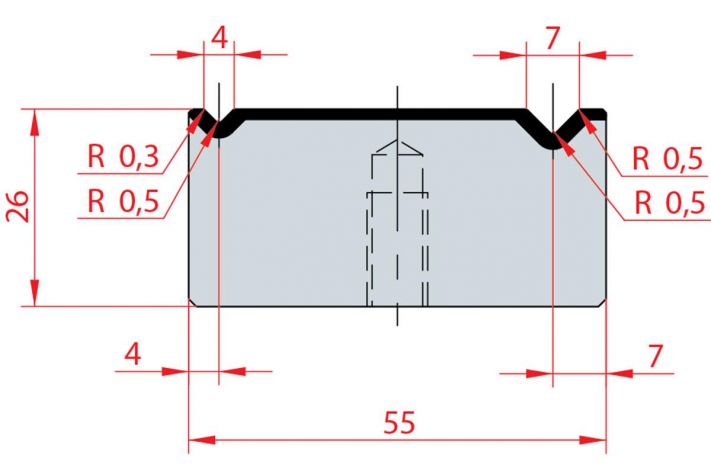 Cối chấn 2V 4/7 a=90º H26 Max. T/m=100