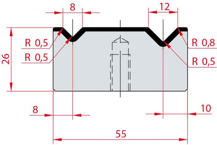 Cối chấn 2V 8/12 a=90º H26 Max. T/m=100