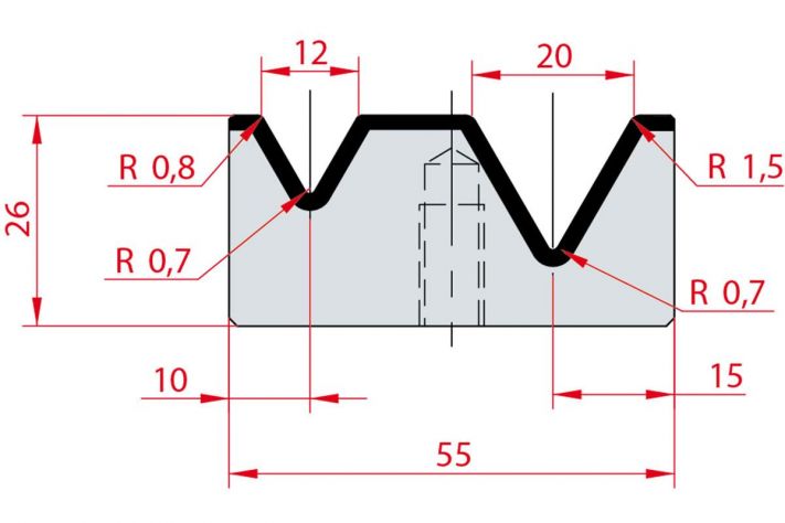 Cối chấn 2V 12/20 a=60º H26 Max. T/m=100